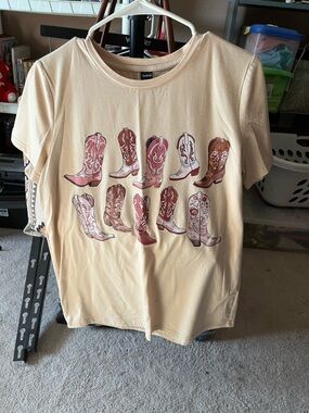 SHEIN Cream Short Sleeve Tee with Pink & Brown Cowboy Boot Print